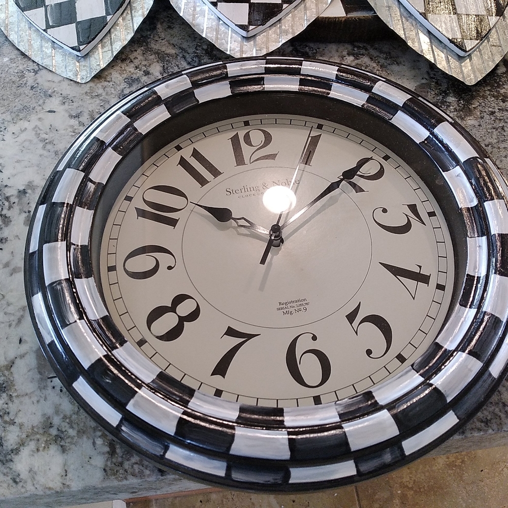 12" Clock Black White Checks Hand Painted by me